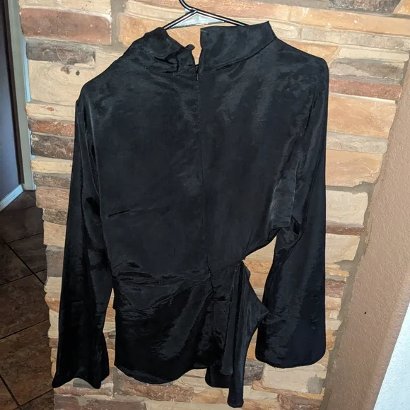 Black Satin-Effect Twist Front Long Sleeve Top - Picture 2 of 3